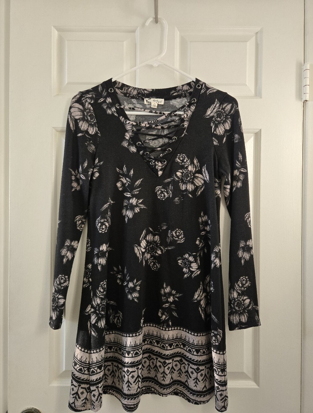 About A Girl Black Floral Lace-Up Tunic with Cream Border